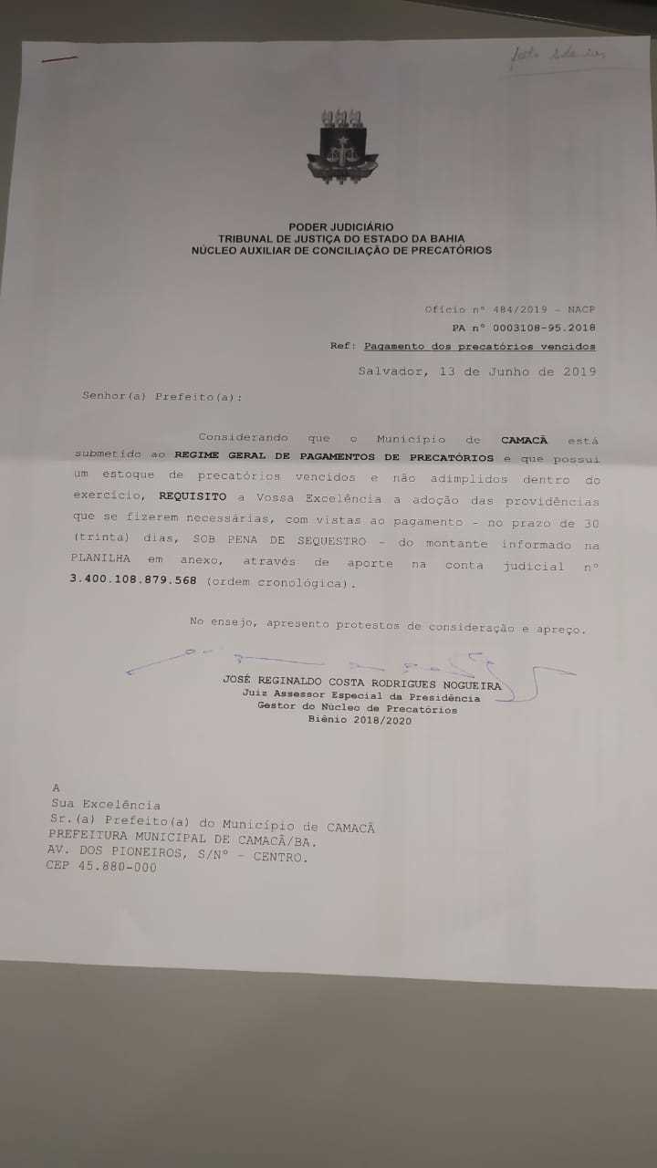 Camacã: Prefeitura recebe cobrança de precatório no valor de 504 mil reais decorrente de governos anteriores

